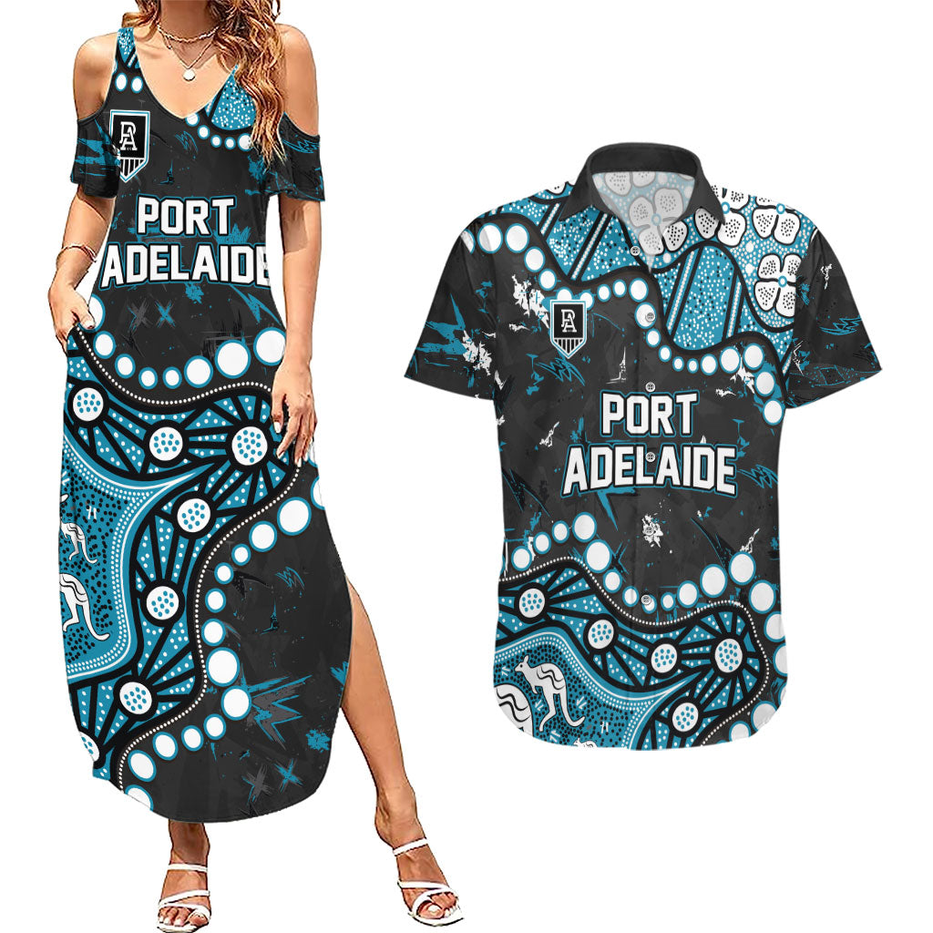 Personalized Port Adelaide Power Couples Matching Summer Maxi Dress and Hawaiian Shirt Aboriginal Pattern with Graffiti Style