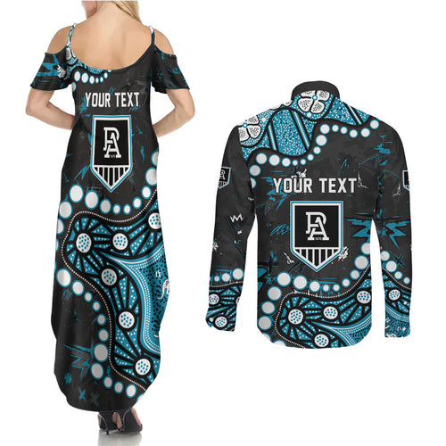Personalized Port Adelaide Power Couples Matching Summer Maxi Dress and Long Sleeve Button Shirt Aboriginal Pattern with Graffiti Style