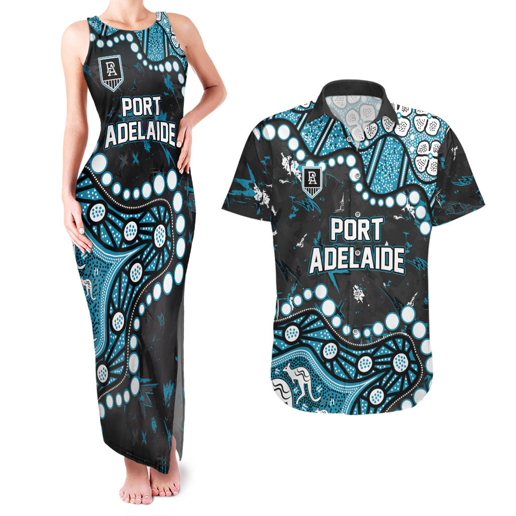 Personalized Port Adelaide Power Couples Matching Tank Maxi Dress and Hawaiian Shirt Aboriginal Pattern with Graffiti Style