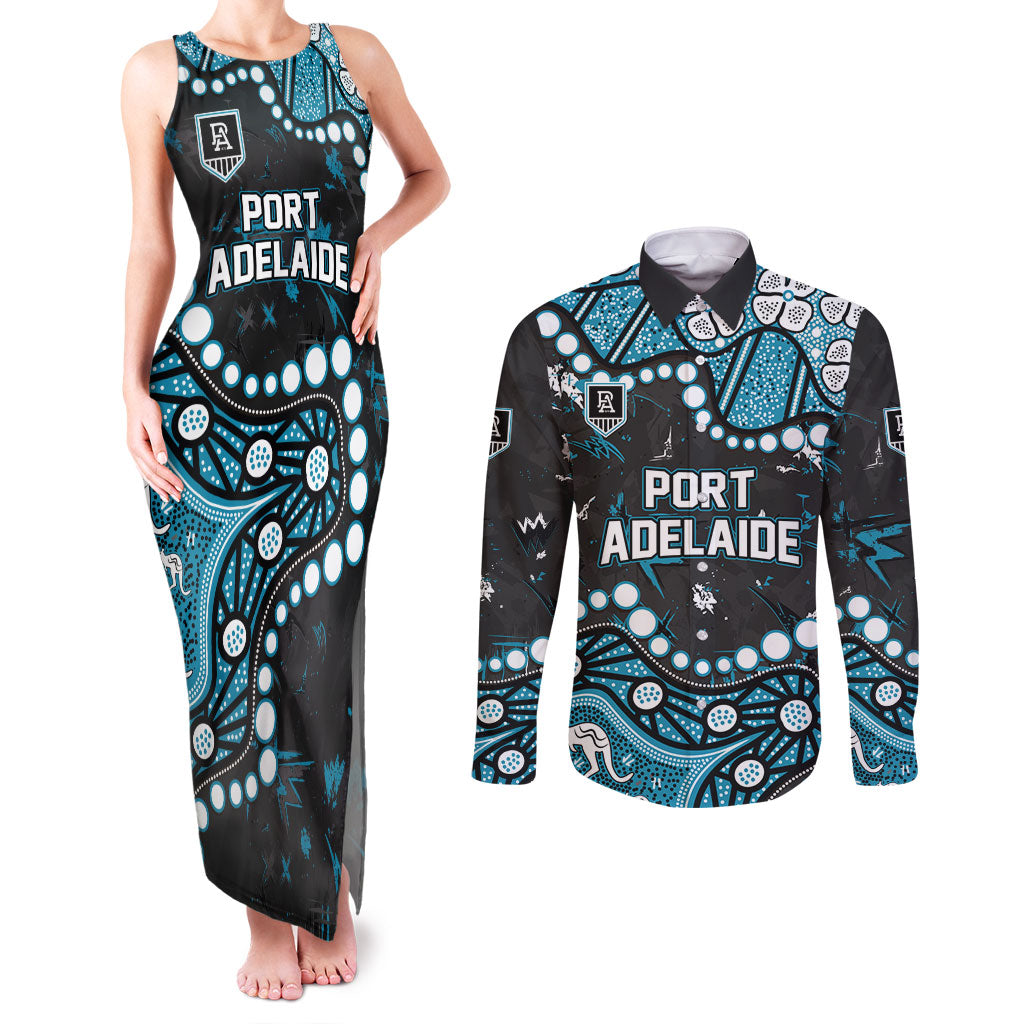 Personalized Port Adelaide Power Couples Matching Tank Maxi Dress and Long Sleeve Button Shirt Aboriginal Pattern with Graffiti Style