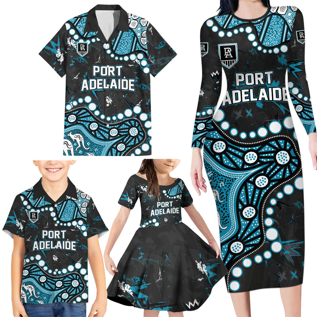 Personalized Port Adelaide Power Family Matching Long Sleeve Bodycon Dress and Hawaiian Shirt Aboriginal Pattern with Graffiti Style