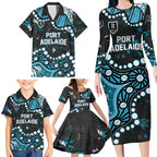 Personalized Port Adelaide Power Family Matching Long Sleeve Bodycon Dress and Hawaiian Shirt Aboriginal Pattern with Graffiti Style