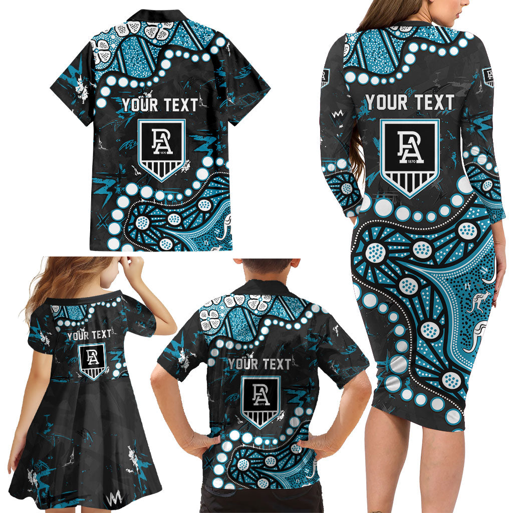 Personalized Port Adelaide Power Family Matching Long Sleeve Bodycon Dress and Hawaiian Shirt Aboriginal Pattern with Graffiti Style