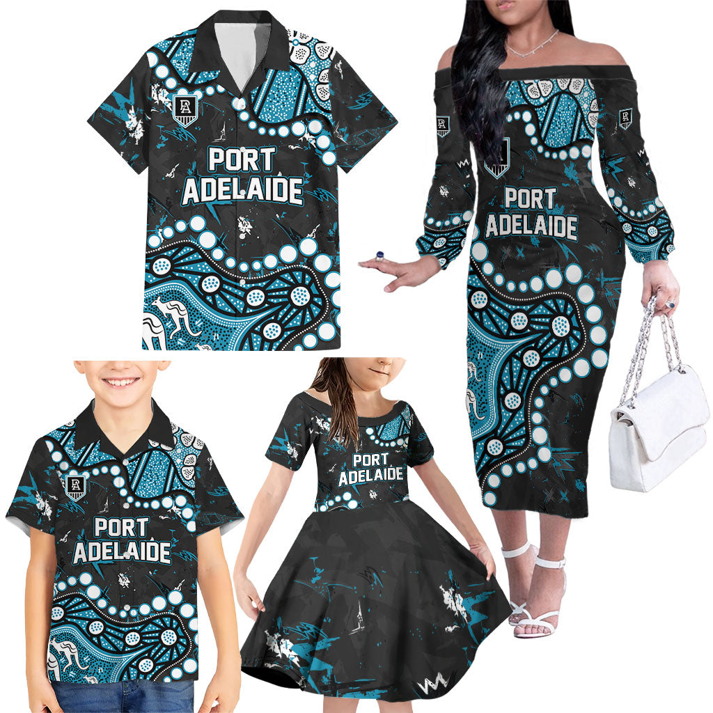 Personalized Port Adelaide Power Family Matching Off The Shoulder Long Sleeve Dress and Hawaiian Shirt Aboriginal Pattern with Graffiti Style