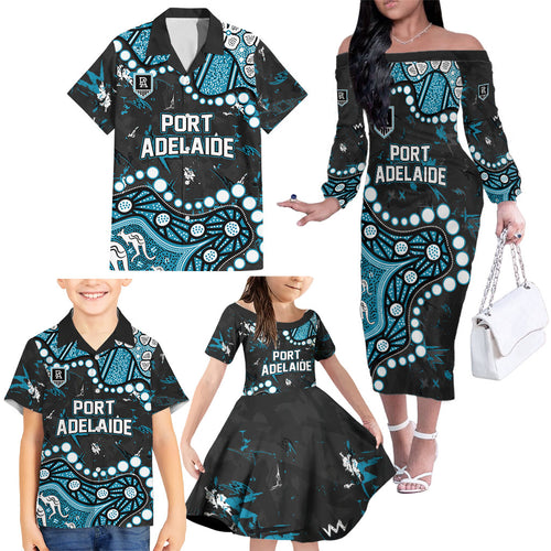 Personalized Port Adelaide Power Family Matching Off The Shoulder Long Sleeve Dress and Hawaiian Shirt Aboriginal Pattern with Graffiti Style
