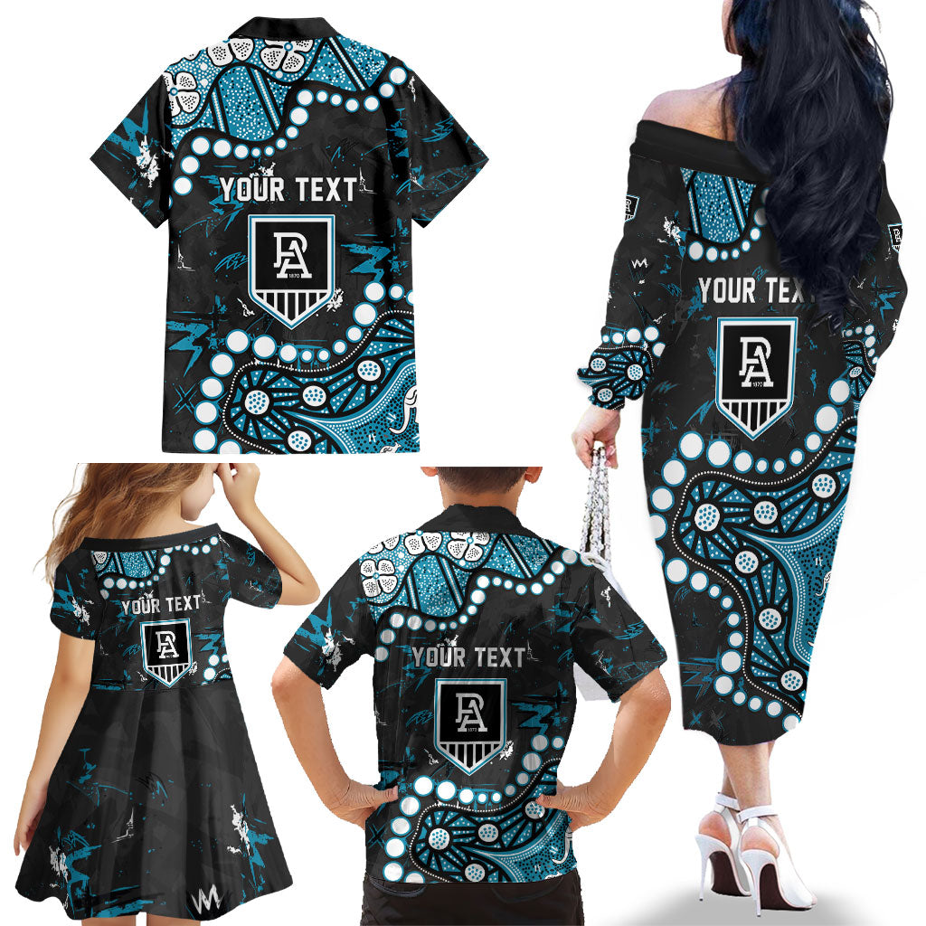 Personalized Port Adelaide Power Family Matching Off The Shoulder Long Sleeve Dress and Hawaiian Shirt Aboriginal Pattern with Graffiti Style