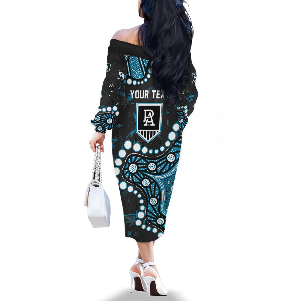 Personalized Port Adelaide Power Family Matching Off The Shoulder Long Sleeve Dress and Hawaiian Shirt Aboriginal Pattern with Graffiti Style