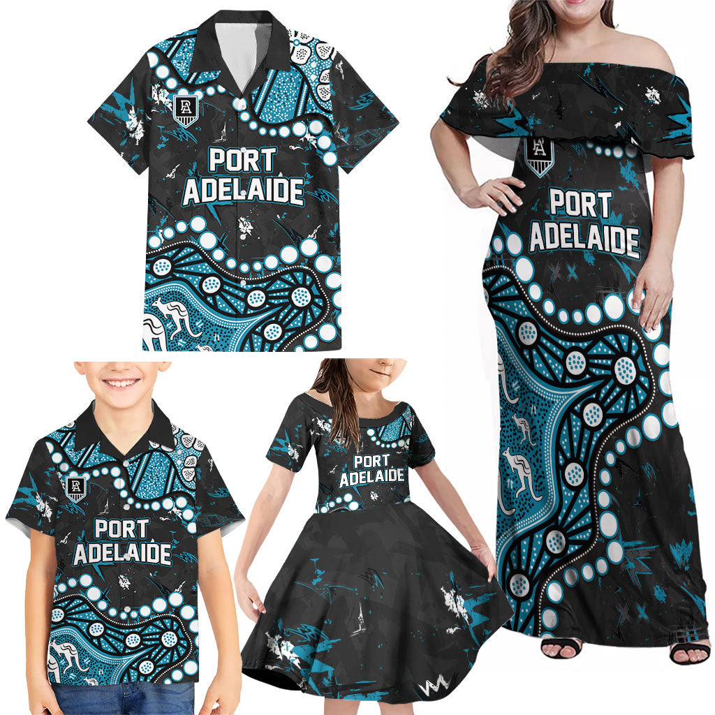 Personalized Port Adelaide Power Family Matching Off Shoulder Maxi Dress and Hawaiian Shirt Aboriginal Pattern with Graffiti Style
