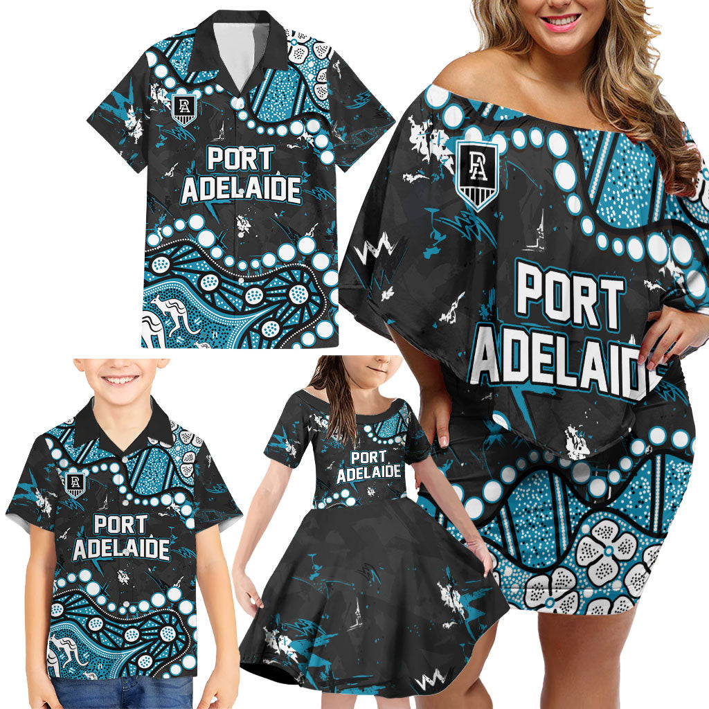Personalized Port Adelaide Power Family Matching Off Shoulder Short Dress and Hawaiian Shirt Aboriginal Pattern with Graffiti Style