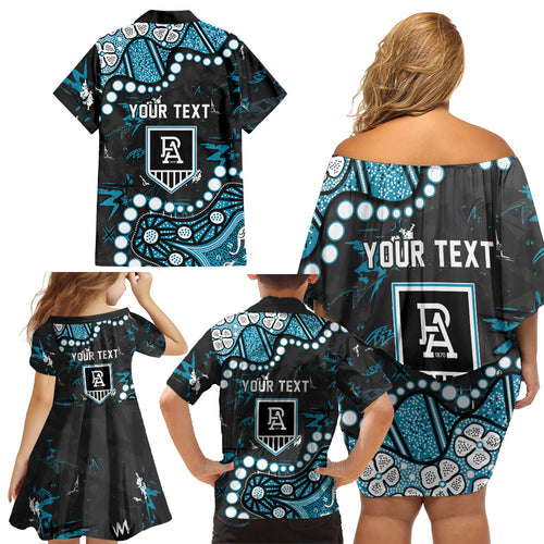 Personalized Port Adelaide Power Family Matching Off Shoulder Short Dress and Hawaiian Shirt Aboriginal Pattern with Graffiti Style