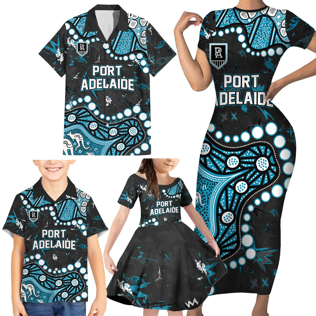 Personalized Port Adelaide Power Family Matching Short Sleeve Bodycon Dress and Hawaiian Shirt Aboriginal Pattern with Graffiti Style