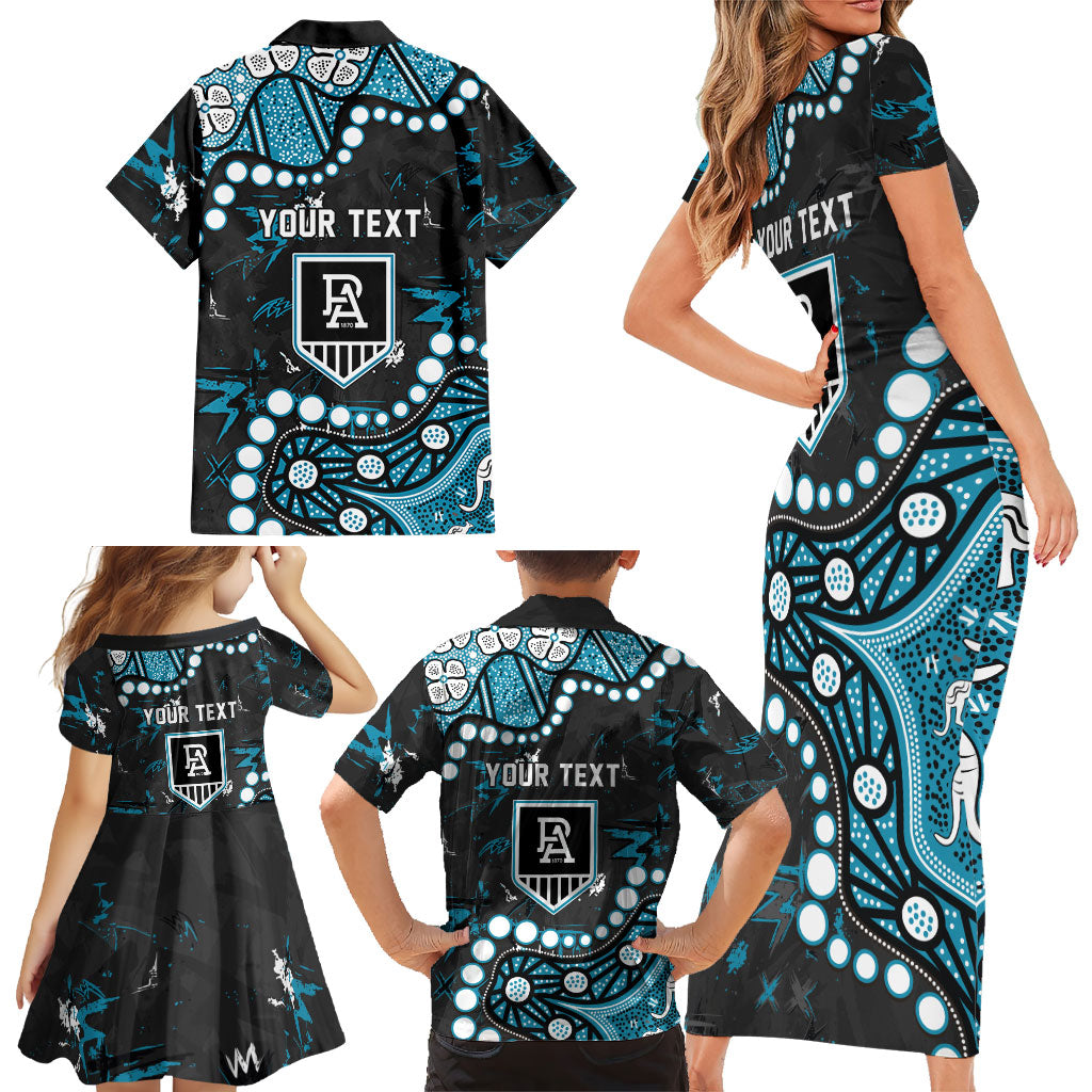 Personalized Port Adelaide Power Family Matching Short Sleeve Bodycon Dress and Hawaiian Shirt Aboriginal Pattern with Graffiti Style