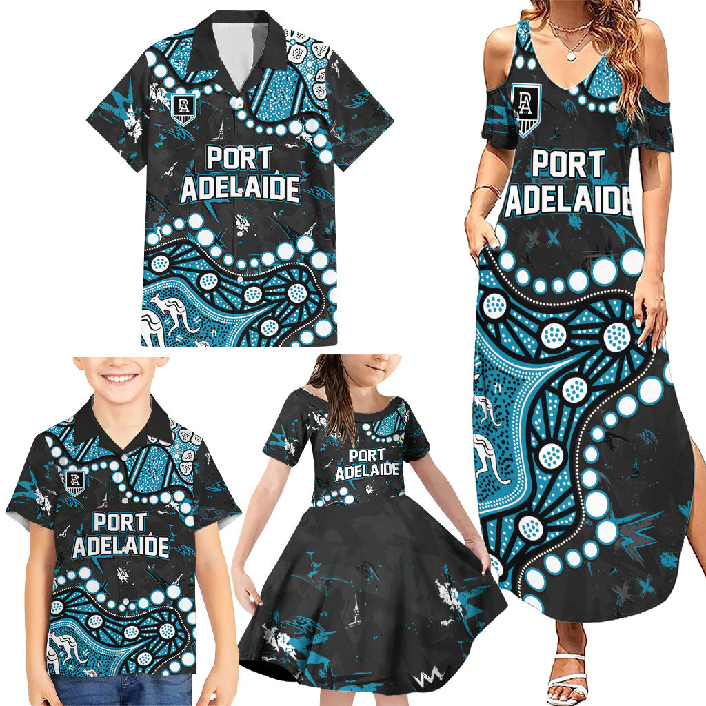 Personalized Port Adelaide Power Family Matching Summer Maxi Dress and Hawaiian Shirt Aboriginal Pattern with Graffiti Style
