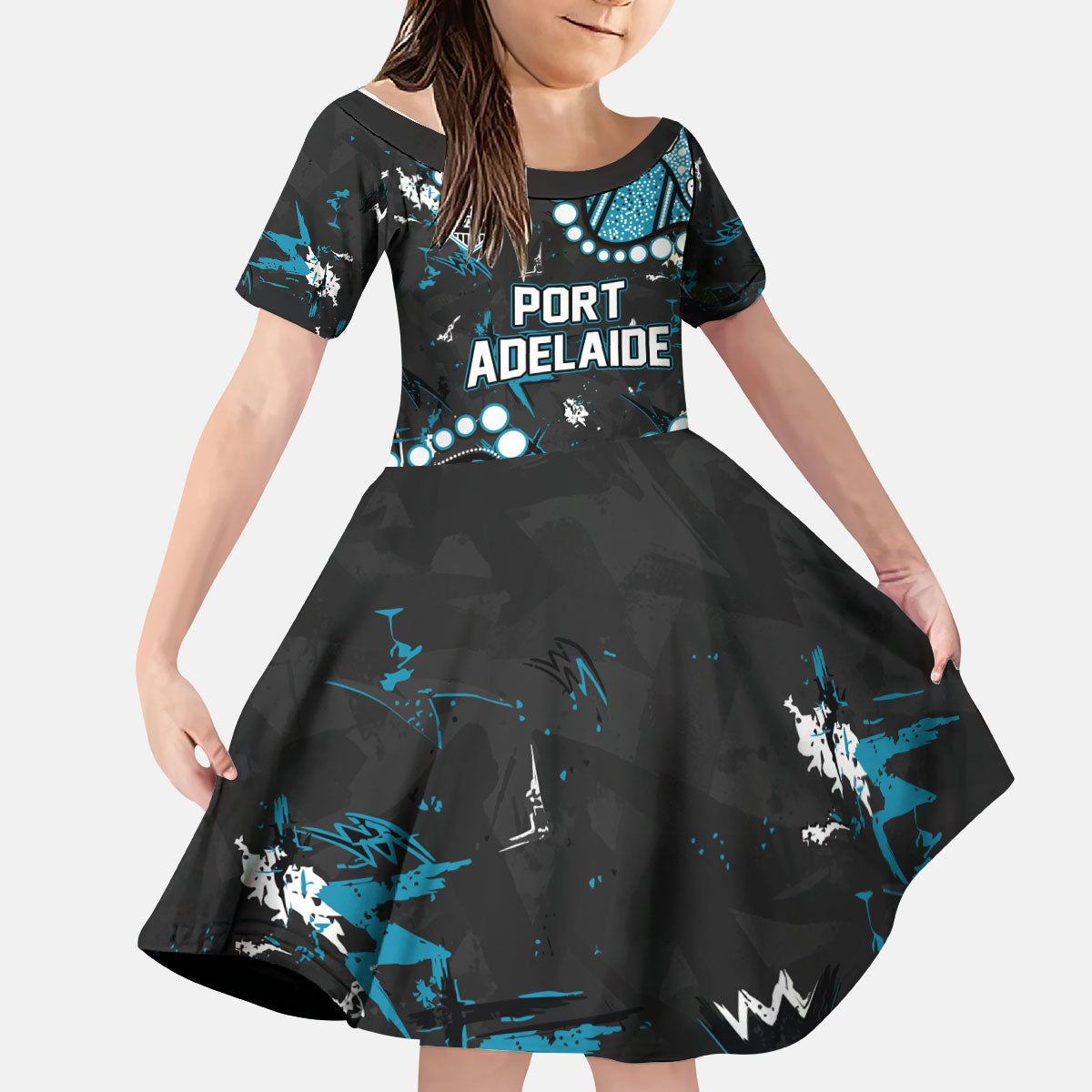 Personalized Port Adelaide Power Kid Short Sleeve Dress Aboriginal Pattern with Graffiti Style