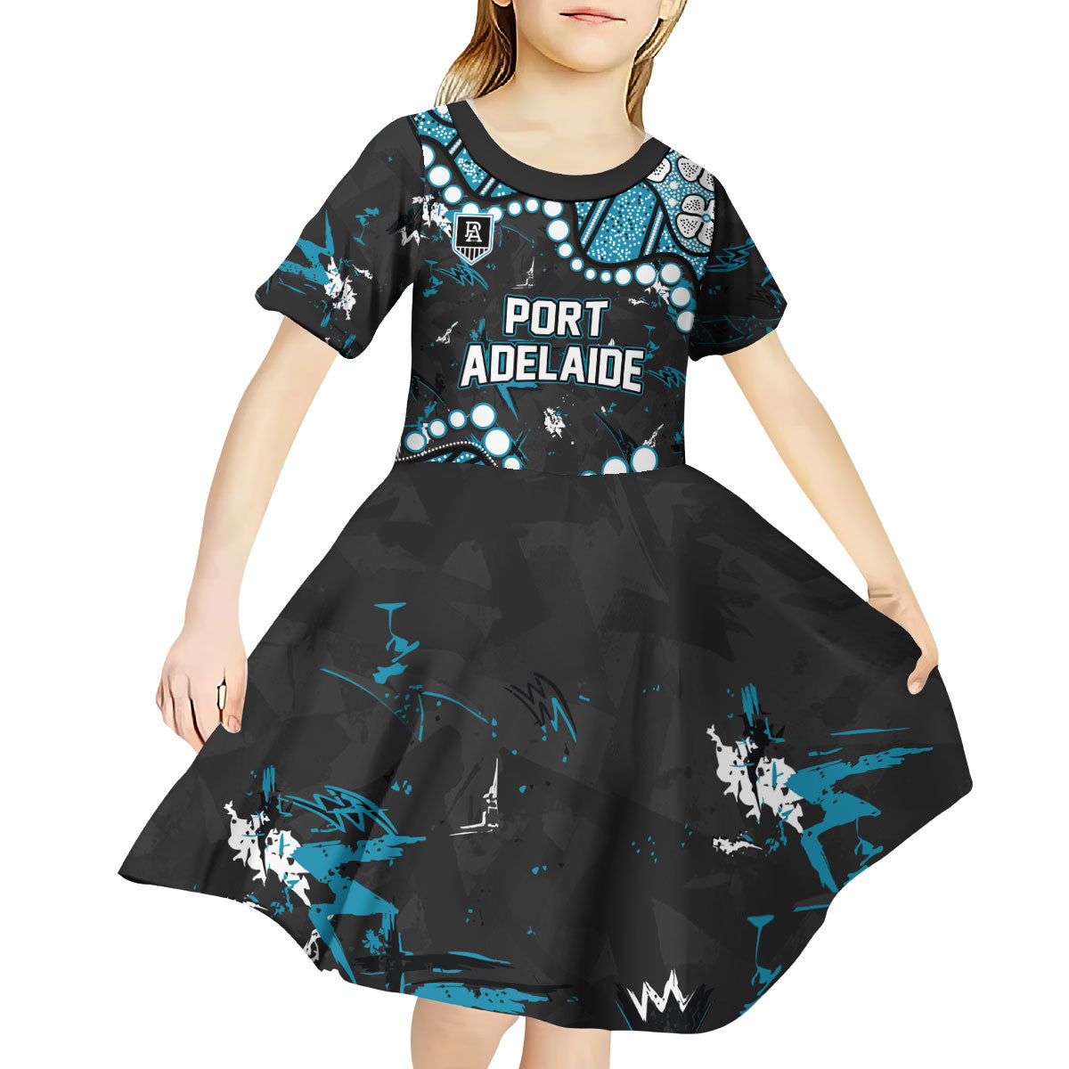 Personalized Port Adelaide Power Kid Short Sleeve Dress Aboriginal Pattern with Graffiti Style