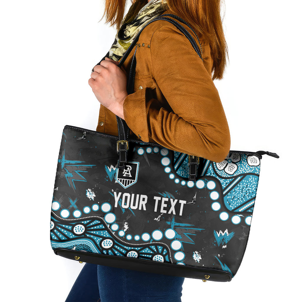Personalized Port Adelaide Power Leather Tote Bag Aboriginal Pattern with Graffiti Style