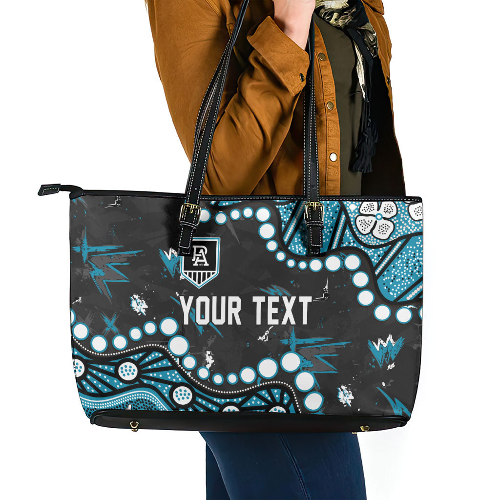 Personalized Port Adelaide Power Leather Tote Bag Aboriginal Pattern with Graffiti Style