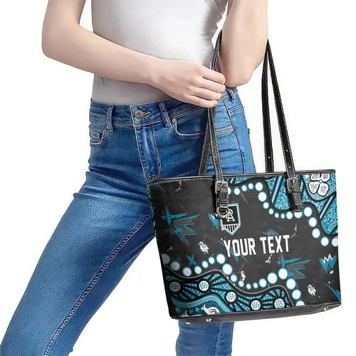 Personalized Port Adelaide Power Leather Tote Bag Aboriginal Pattern with Graffiti Style