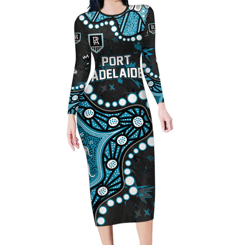 Personalized Port Adelaide Power Long Sleeve Bodycon Dress Aboriginal Pattern with Graffiti Style