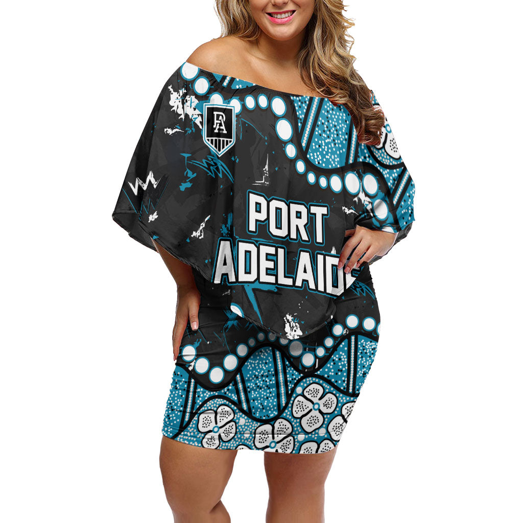Personalized Port Adelaide Power Off Shoulder Short Dress Aboriginal Pattern with Graffiti Style