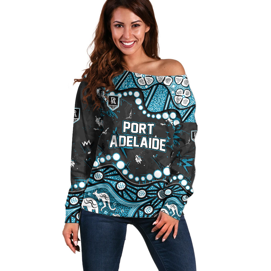 Personalized Port Adelaide Power Off Shoulder Sweater Aboriginal Pattern with Graffiti Style