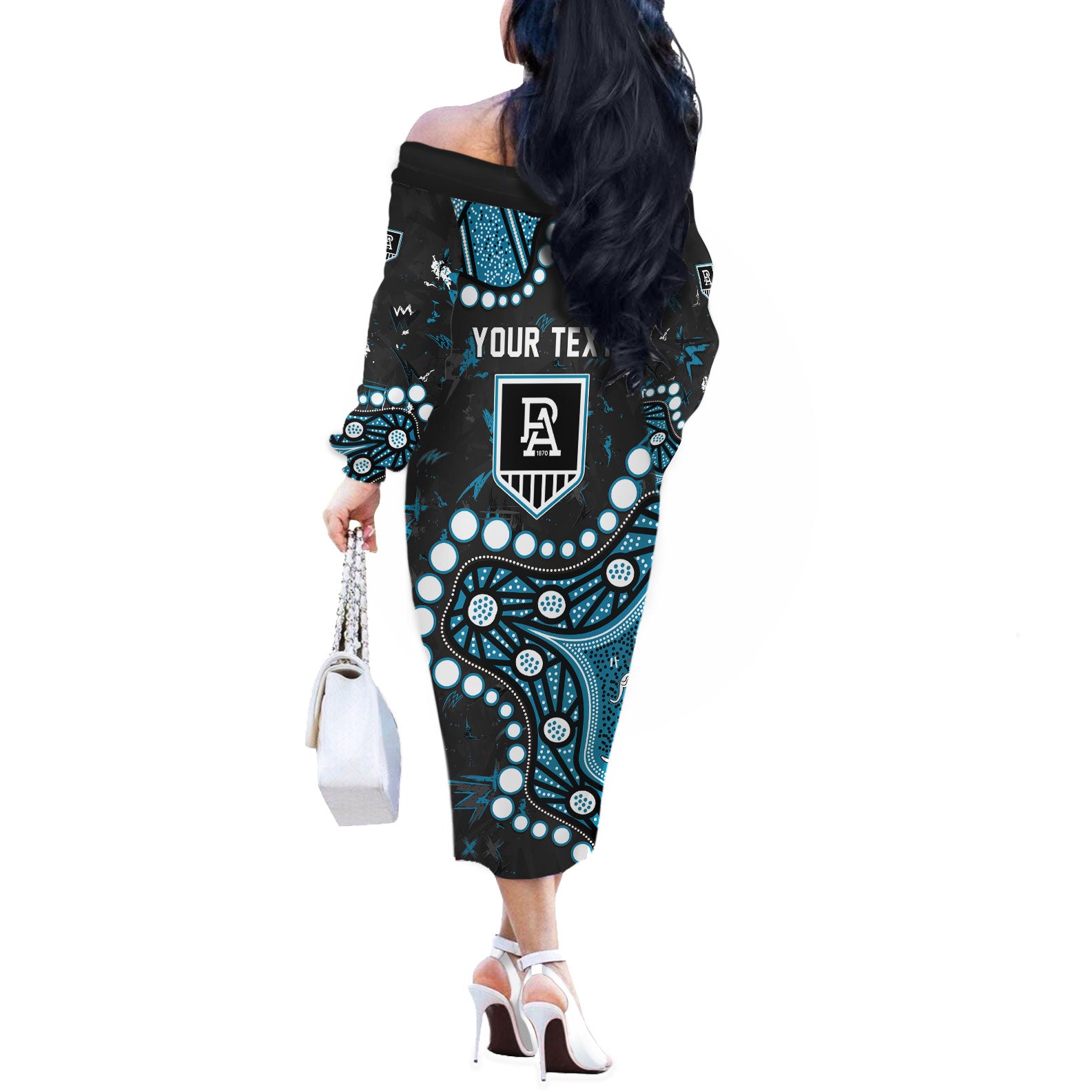 Personalized Port Adelaide Power Off The Shoulder Long Sleeve Dress Aboriginal Pattern with Graffiti Style