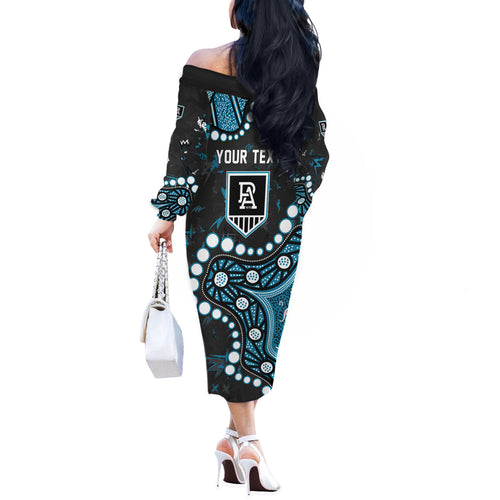 Personalized Port Adelaide Power Off The Shoulder Long Sleeve Dress Aboriginal Pattern with Graffiti Style