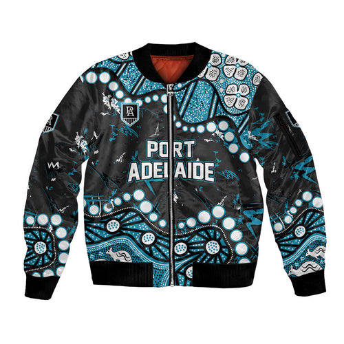 Personalized Port Adelaide Power Sleeve Zip Bomber Jacket Aboriginal Pattern with Graffiti Style