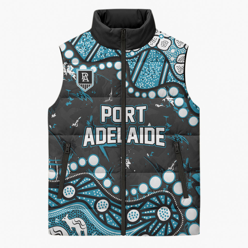 Personalized Port Adelaide Power Sleeveless Puffer Jacket Aboriginal Pattern with Graffiti Style