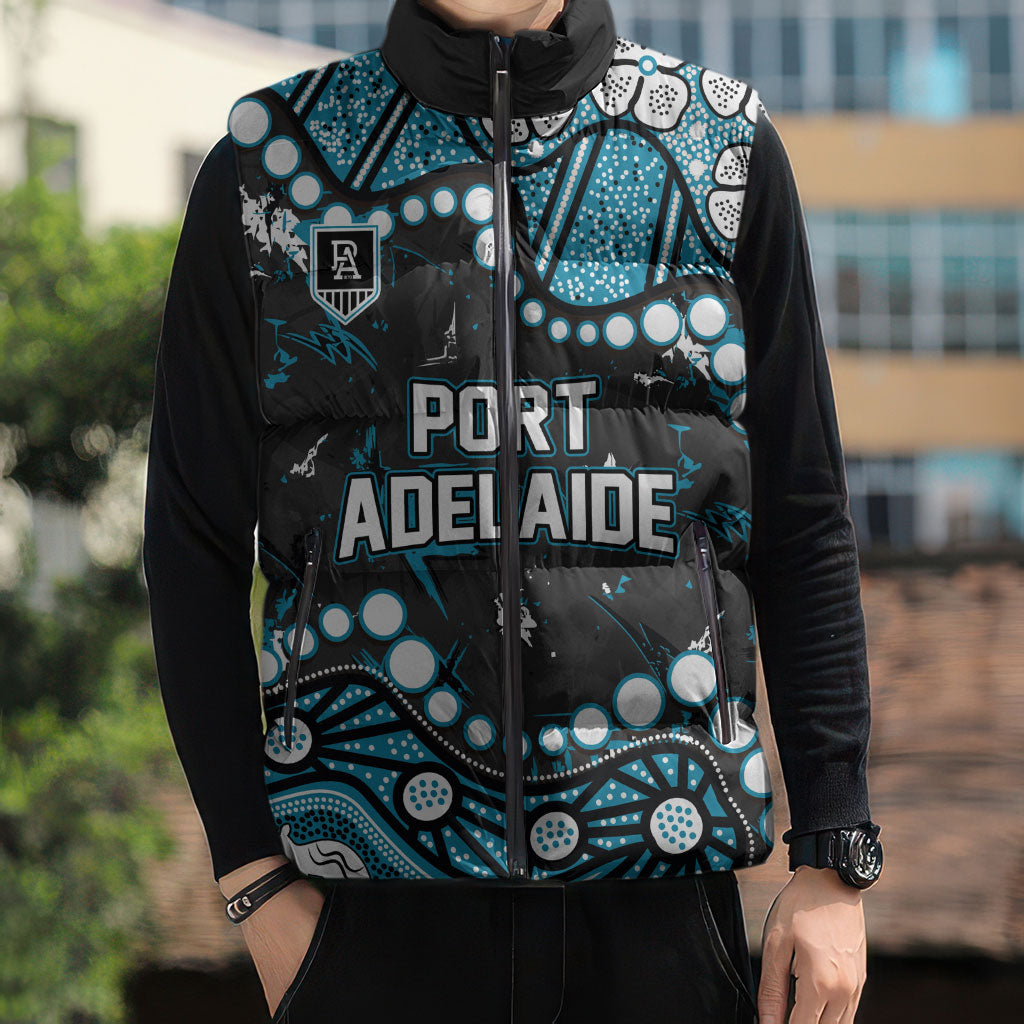 Personalized Port Adelaide Power Sleeveless Puffer Jacket Aboriginal Pattern with Graffiti Style