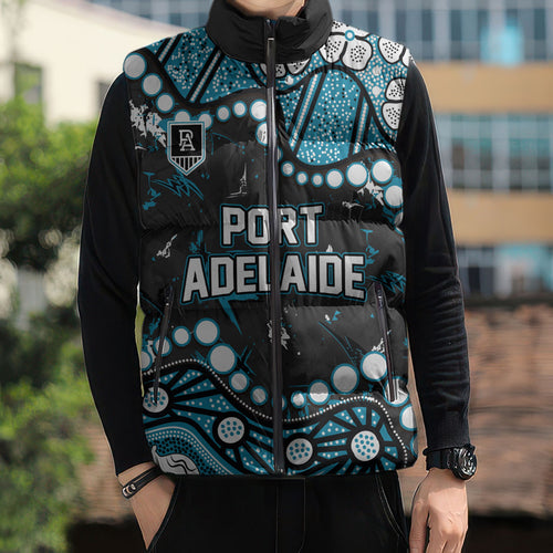 Personalized Port Adelaide Power Sleeveless Puffer Jacket Aboriginal Pattern with Graffiti Style