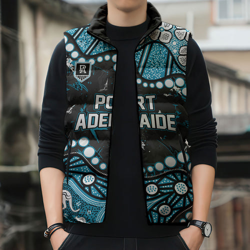 Personalized Port Adelaide Power Sleeveless Puffer Jacket Aboriginal Pattern with Graffiti Style