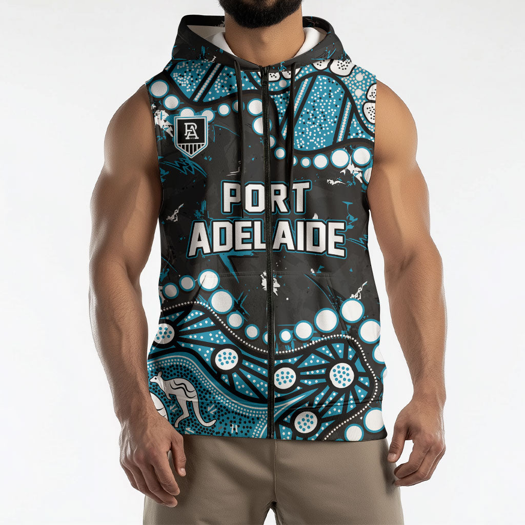 Personalized Port Adelaide Power Sleeveless Zip Hoodie Aboriginal Pattern with Graffiti Style