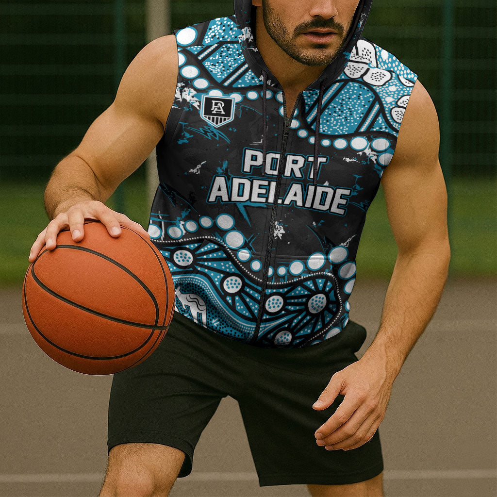 Personalized Port Adelaide Power Sleeveless Zip Hoodie Aboriginal Pattern with Graffiti Style