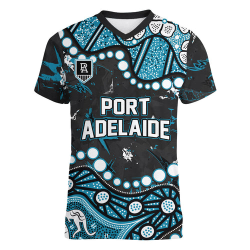 Personalized Port Adelaide Power Women V-Neck T-Shirt Aboriginal Pattern with Graffiti Style