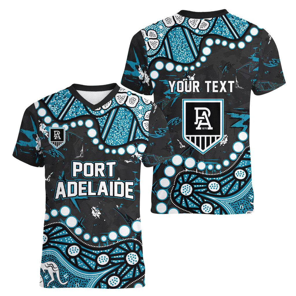 Personalized Port Adelaide Power Women V-Neck T-Shirt Aboriginal Pattern with Graffiti Style
