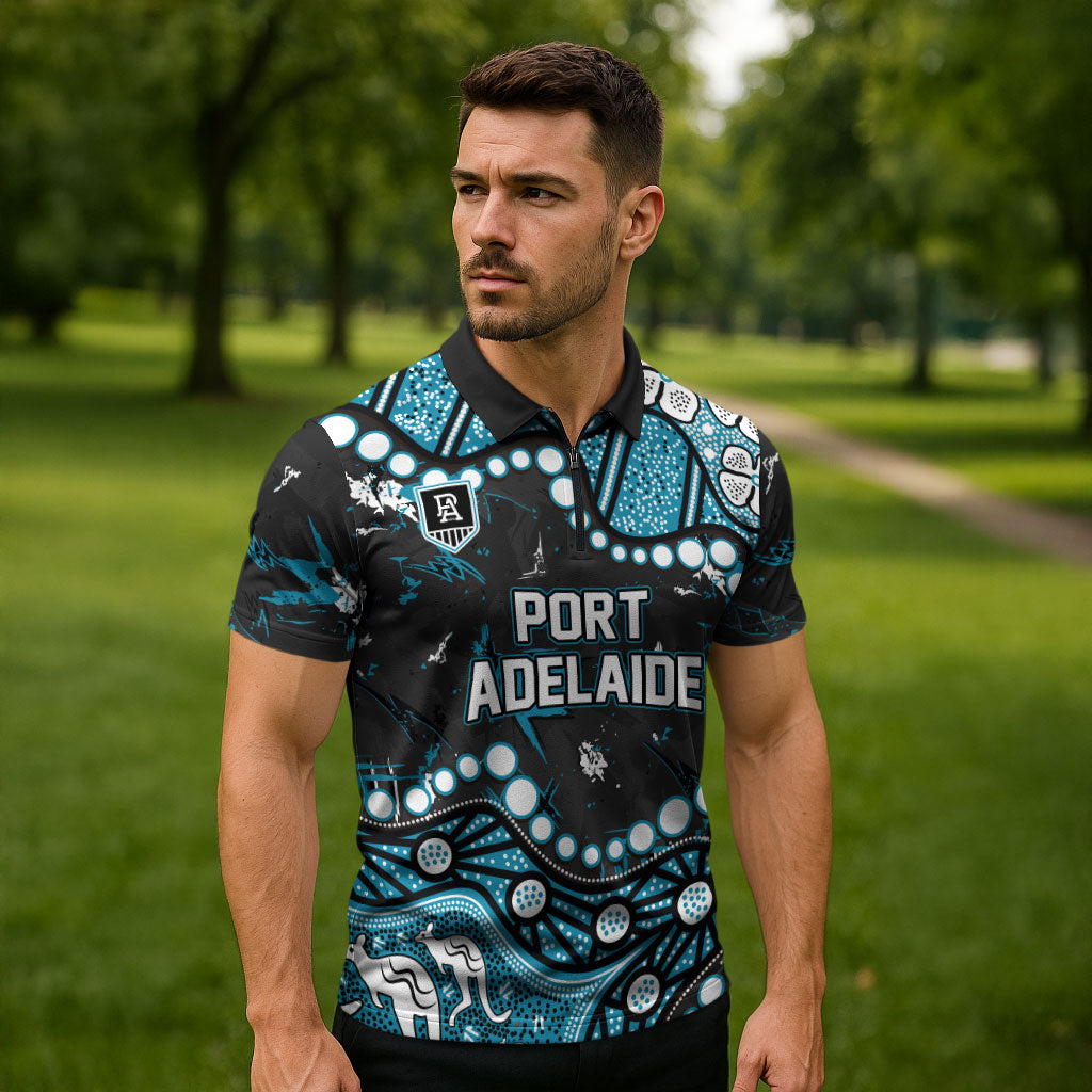 Personalized Port Adelaide Power Zipper Polo Shirt Aboriginal Pattern with Graffiti Style