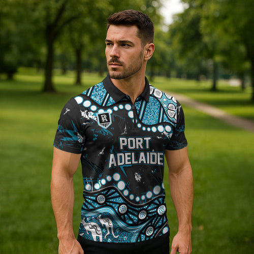 Personalized Port Adelaide Power Zipper Polo Shirt Aboriginal Pattern with Graffiti Style
