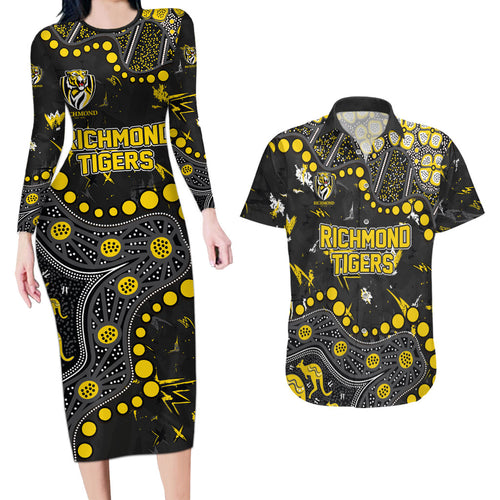 Personalized Richmond Tigers Couples Matching Long Sleeve Bodycon Dress and Hawaiian Shirt Aboriginal Pattern with Graffiti Style