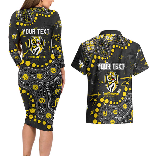 Personalized Richmond Tigers Couples Matching Long Sleeve Bodycon Dress and Hawaiian Shirt Aboriginal Pattern with Graffiti Style