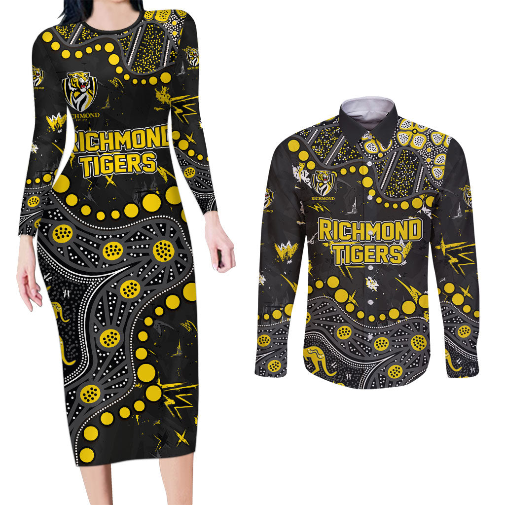 Personalized Richmond Tigers Couples Matching Long Sleeve Bodycon Dress and Long Sleeve Button Shirt Aboriginal Pattern with Graffiti Style
