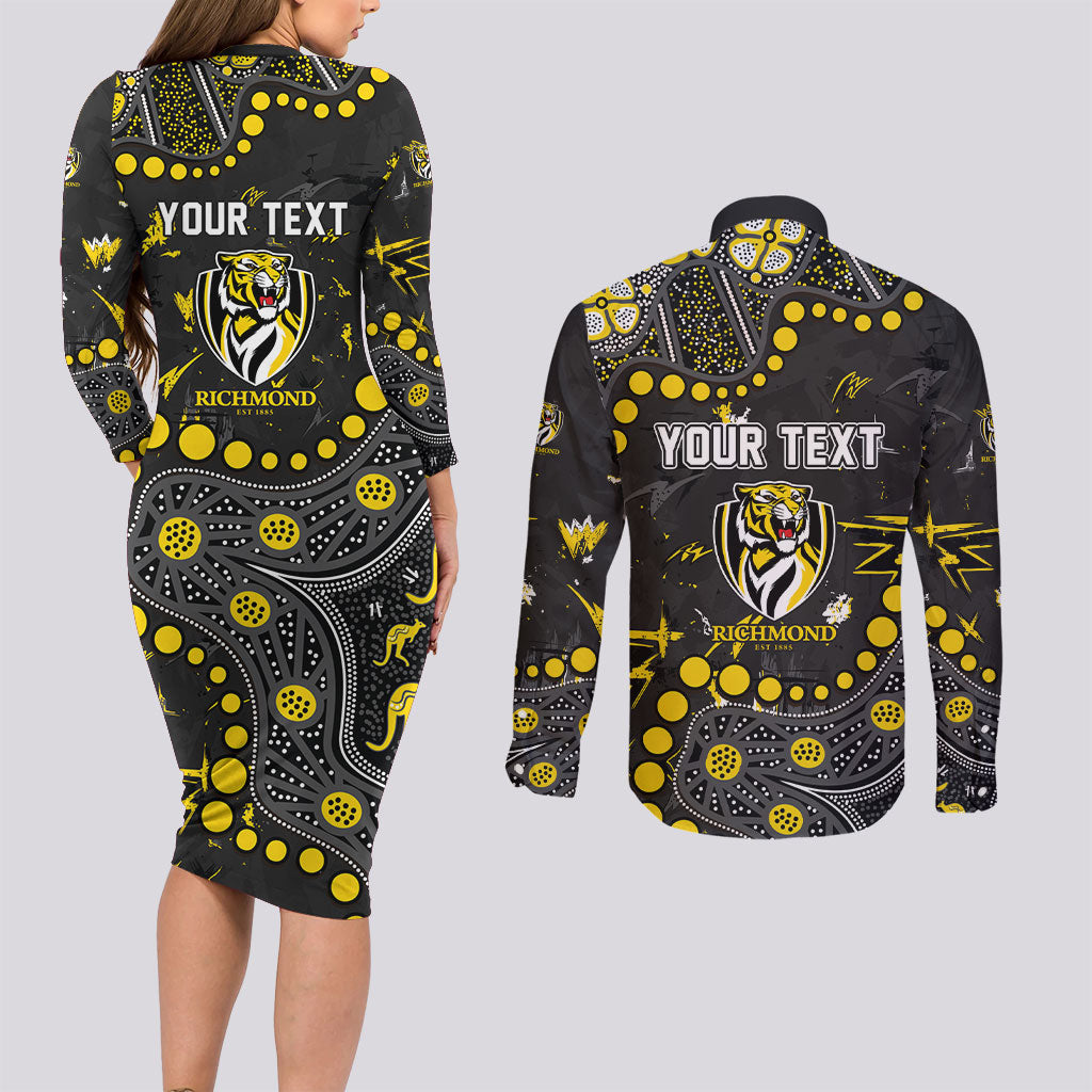 Personalized Richmond Tigers Couples Matching Long Sleeve Bodycon Dress and Long Sleeve Button Shirt Aboriginal Pattern with Graffiti Style