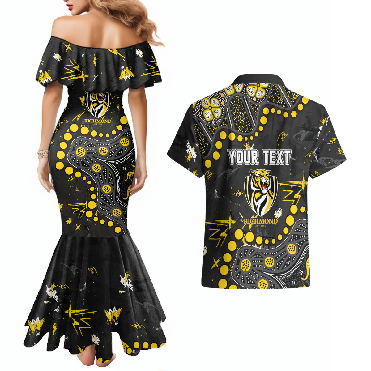 Personalized Richmond Tigers Couples Matching Mermaid Dress and Hawaiian Shirt Aboriginal Pattern with Graffiti Style