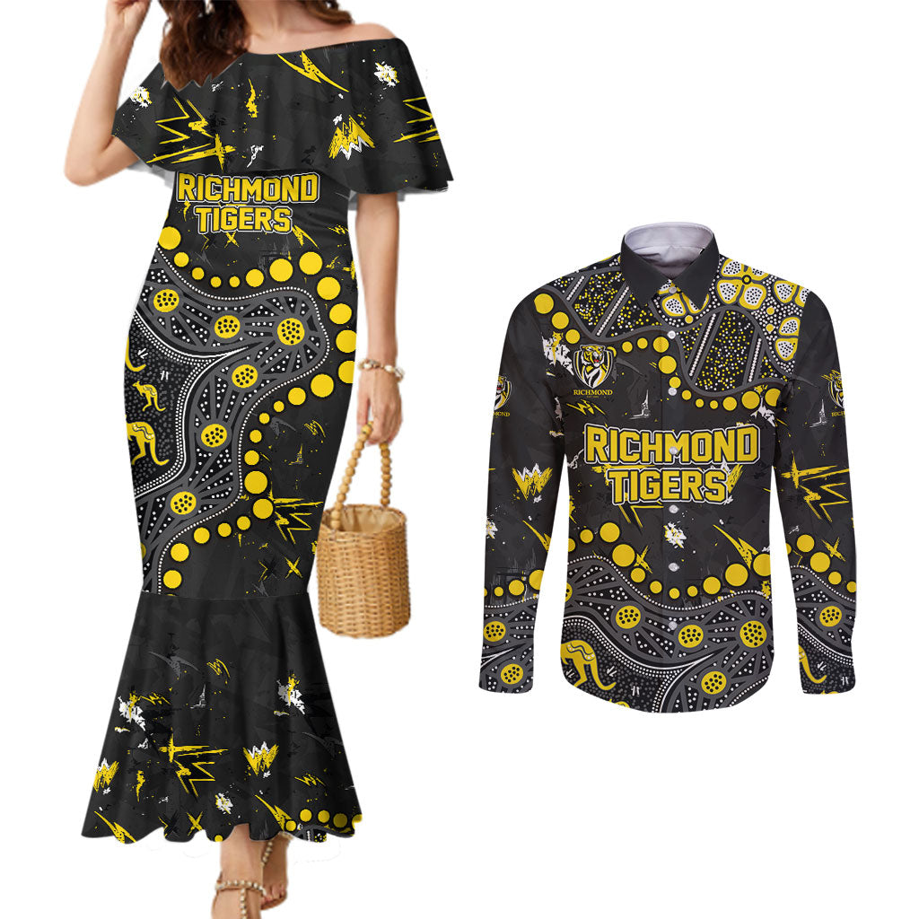 Personalized Richmond Tigers Couples Matching Mermaid Dress and Long Sleeve Button Shirt Aboriginal Pattern with Graffiti Style