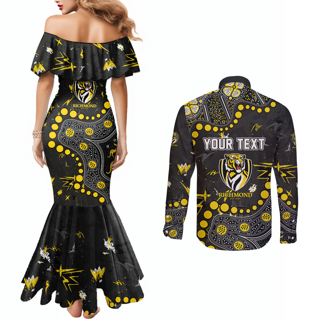 Personalized Richmond Tigers Couples Matching Mermaid Dress and Long Sleeve Button Shirt Aboriginal Pattern with Graffiti Style