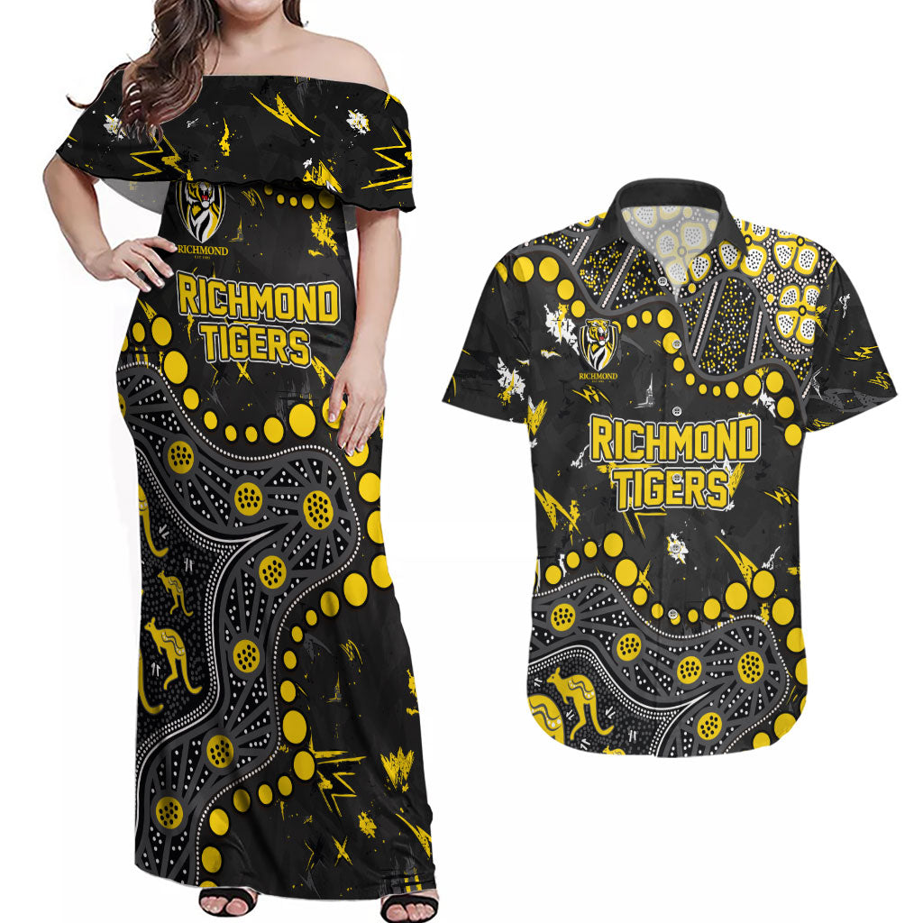 Personalized Richmond Tigers Couples Matching Off Shoulder Maxi Dress and Hawaiian Shirt Aboriginal Pattern with Graffiti Style