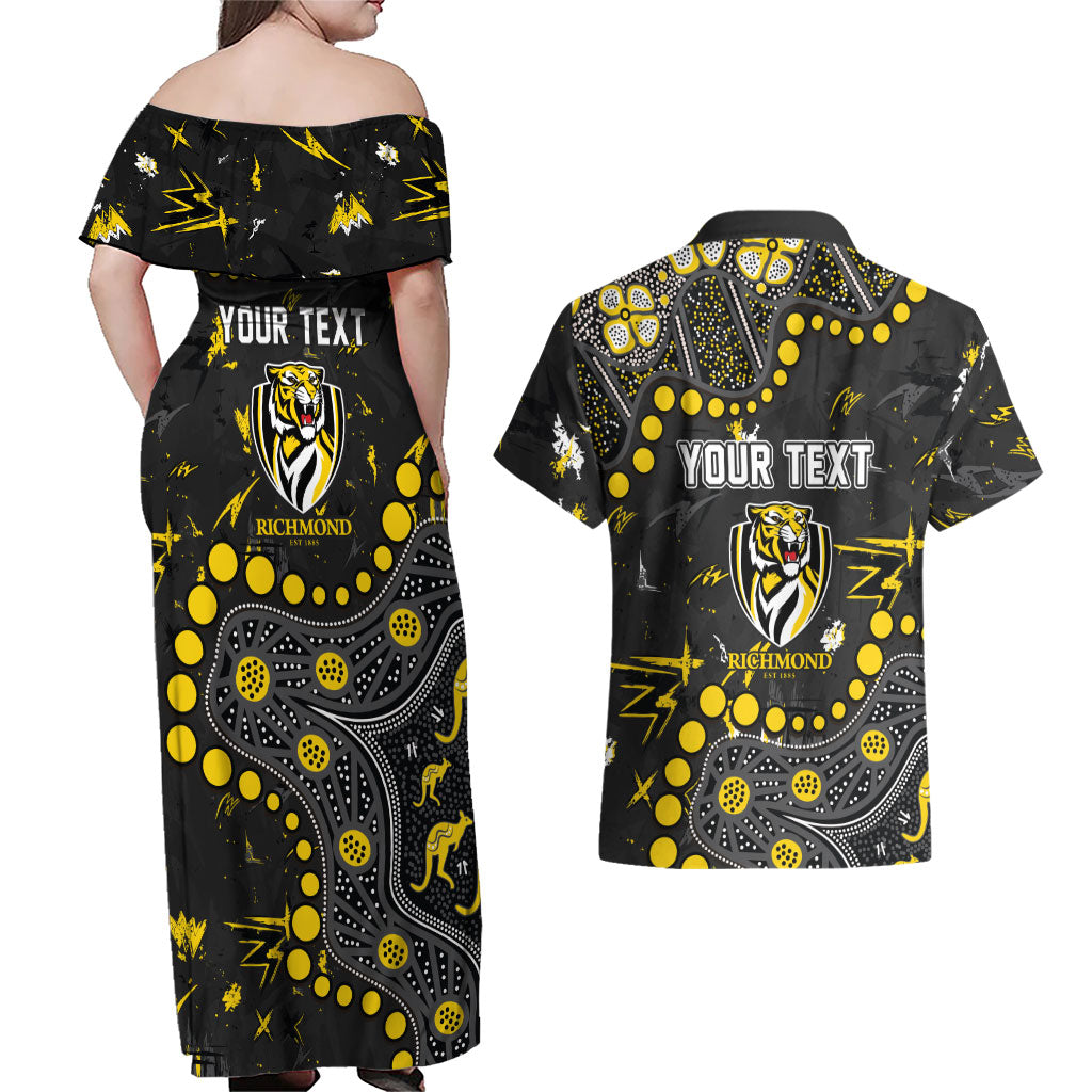 Personalized Richmond Tigers Couples Matching Off Shoulder Maxi Dress and Hawaiian Shirt Aboriginal Pattern with Graffiti Style