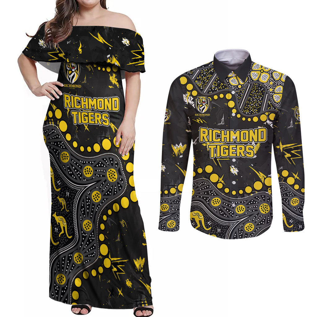 Personalized Richmond Tigers Couples Matching Off Shoulder Maxi Dress and Long Sleeve Button Shirt Aboriginal Pattern with Graffiti Style
