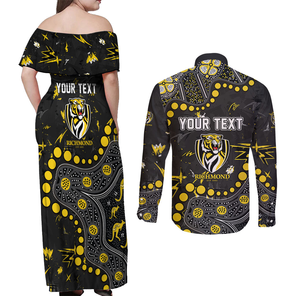 Personalized Richmond Tigers Couples Matching Off Shoulder Maxi Dress and Long Sleeve Button Shirt Aboriginal Pattern with Graffiti Style
