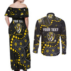 Personalized Richmond Tigers Couples Matching Off Shoulder Maxi Dress and Long Sleeve Button Shirt Aboriginal Pattern with Graffiti Style